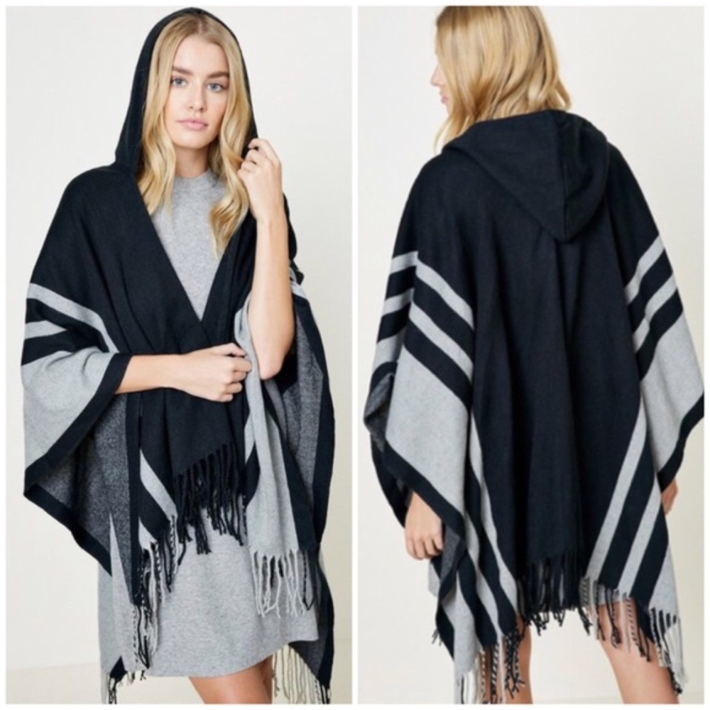 Black Hooded Fringe Striped Sweater Shawl